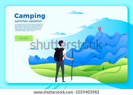 Vector bright camping banner template with man looking on forest and mountains on soft background, with achievement point.