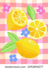 Tarjeta brillante de Vector. Hermosos carteles de verano con limón y flores, frutas enteras y mitades en un mantel de melocotón rosa a cuadros. Jugosos limones frescos y deliciosos. Fondo exótico y de moda de verano.