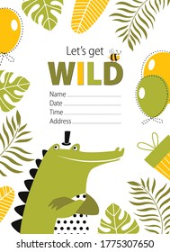 Vector bright card with crocodile. Birthday Invitation. Poster, postcard, invitation. Baby Shauer. Wild party. Tropical party.
