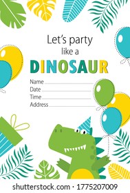 Vector bright card with a dinosaur. Birthday Invitation. Poster, postcard, invitation. baby shower
