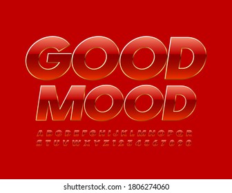 Tarjeta de luz vectorial Buen humor. Color rojo y oro brillante fuente. Conjunto de letras y números de alfabeto moderno
