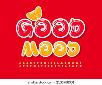 Tarjeta de luz vectorial Buen humor con mariposa decorativa. Letra amarilla linda. Conjunto artístico de letras y números alfabetos escritos a mano