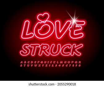 Vector bright Card Love Struck. Handwritten Glowing Font. Red Neon Alphabet Letters and Numbers set