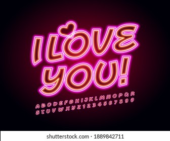 Vector bright card I Love You with cute Heart. Pink Neon Font. Light Alphabet Letters and Numbers set