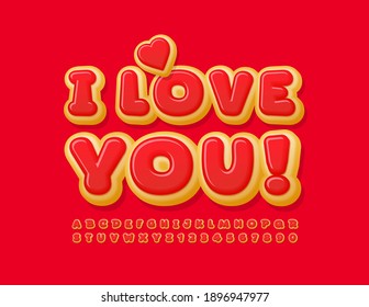 Tarjeta vectorial brillante te amo con corazón dulce. No tiras sabrosas. Deliciosas letras y números de alfabeto
