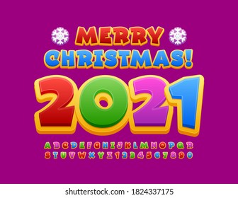 Vector Bright Card Merry Christmas 2021! Colorful Creative Font. Kids Alphabet Letters And Numbers Set