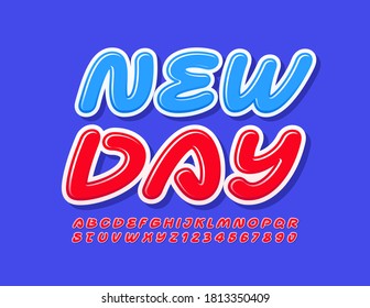 Tarjeta de brillo vectorial New Day. Fuente creativa roja. Conjunto de letras y números alfabetos escritos a mano