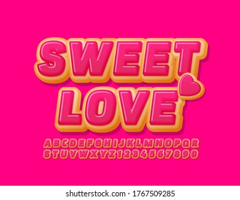 Tarjeta de brillo vectorial Amor dulce con corazón de pastel. Letra rosada Donut. Letras y números de alfabeto deliciosos