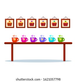 Vector bright cartoon cups on a table with frames with cupcakes above. Cute colorful tasty food. Love tea with a muffin. Collection of mugs and cakes. Kitchen interior 