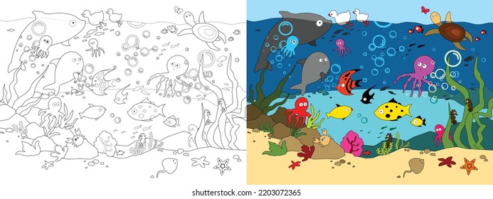 Vector bright cartoon illustration for a coloring book. Marine life.