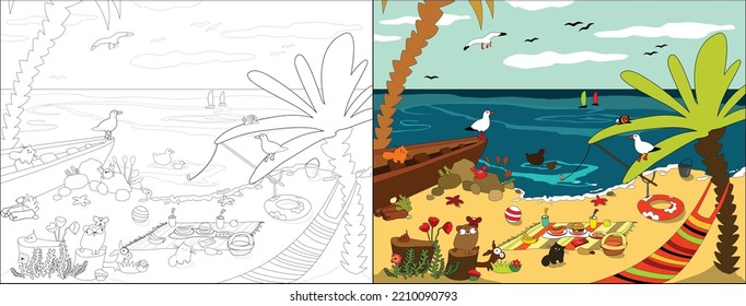 Vector bright cartoon illustration for a coloring book. Picnic on a beach.