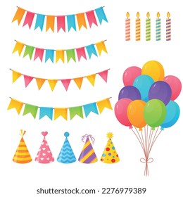 Vector bright cartoon image of a festive set. Balloons, flags, candles. The concept of parties, festival and fun. A colorful element for your design.