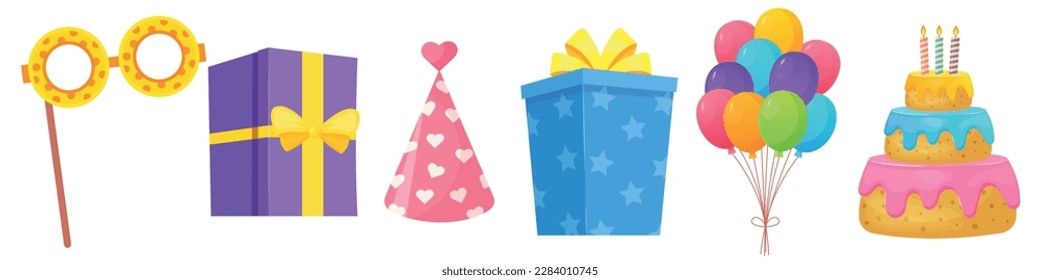 Vector bright cartoon image of a festive set. Balloons, flags, candles. The concept of parties, festivals and fun. A colorful element for your design.