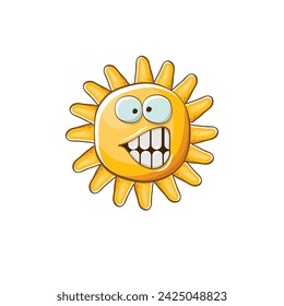 vector bright cartoon style summer sun character isolated on white background. Summer sun sticker and label isolated. funky kids summer character with eyes and mouth