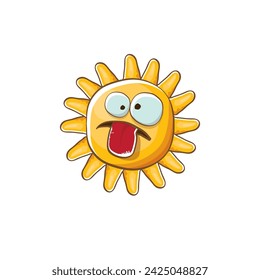 vector brillante caricatura estilo verano sol personaje aislado sobre fondo blanco. Pegatina y etiqueta del sol del verano aislados. personaje del verano de los niños funky con los ojos y la boca
