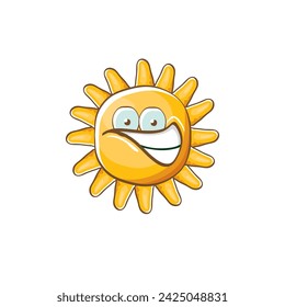 vector bright cartoon style summer sun character isolated on white background. Summer sun sticker and label isolated. funky kids summer character with eyes and mouth