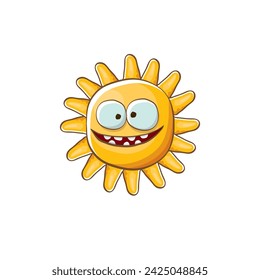 vector brillante caricatura estilo verano sol personaje aislado sobre fondo blanco. Pegatina y etiqueta del sol del verano aislados. personaje del verano de los niños funky con los ojos y la boca