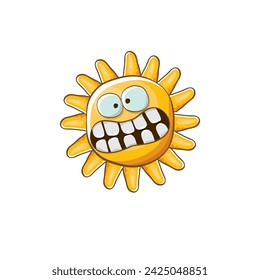 vector brillante caricatura estilo verano sol personaje aislado sobre fondo blanco. Pegatina y etiqueta del sol del verano aislados. personaje del verano de los niños funky con los ojos y la boca