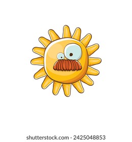 vector bright cartoon style summer sun character isolated on white background. Summer sun sticker and label isolated. funky kids summer character with eyes and mouth