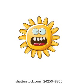 vector brillante caricatura estilo verano sol personaje aislado sobre fondo blanco. Pegatina y etiqueta del sol del verano aislados. personaje del verano de los niños funky con los ojos y la boca