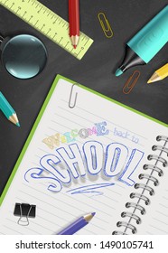 Vector bright chalkboard concept illustration. Welcome back to school vector design with hand drawn text on opened notebook paper, colorful school supplies and chalk on realistic blackboard background