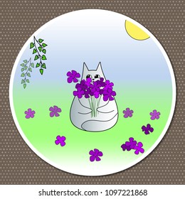 Vector bright cheerful illustration. Funny cat collects purple flowers on a summer meadow.