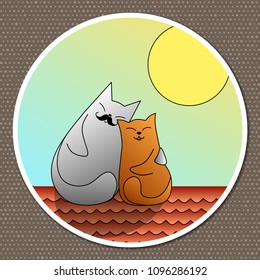 Vector bright cheerful illustration. Loving couple of cute, funny cats on the roof of the house bask in the sun.