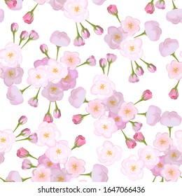 Vector bright cherry flowers on white background seamless