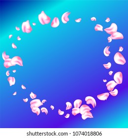 Vector bright cherry petals fall down. A lot of pink petals on colorful background. Nature horizontal backdrop.