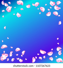 Vector bright cherry petals fall down. A lot of pink petals on colorful background. Nature horizontal backdrop.