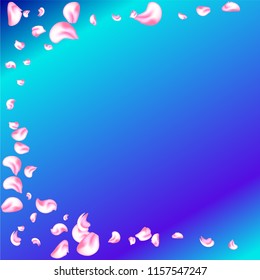 Vector bright cherry petals fall down. A lot of pink petals on colorful background. Nature horizontal backdrop.