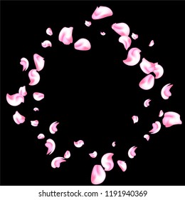 Vector bright cherry petals fall down. A lot of pink petals on black background. Nature horizontal backdrop.