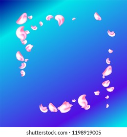 Vector bright cherry petals fall down. A lot of pink petals on colorful background. Nature horizontal backdrop.