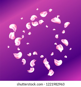 Vector bright cherry petals fall down. A lot of pink petals on colorful background. Nature horizontal backdrop.