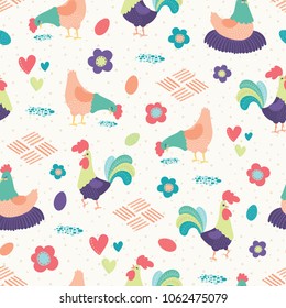 Vector Bright Chickens White Background Seamless Pattern Background. Perfect for fabric, scrap booking, kitchen, farm, and home decor projects.