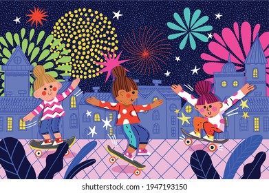 Vector bright children illustration with night city background and little adorable girls having fun skateboarding.