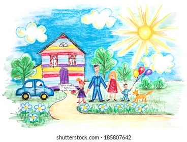Vector Bright Childrens Sketch With Happy Family, House, Dog, Car on the Lawn with Flowers