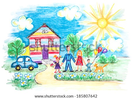 Vector Bright Childrens Sketch With Happy Family, House, Dog, Car on the Lawn with Flowers