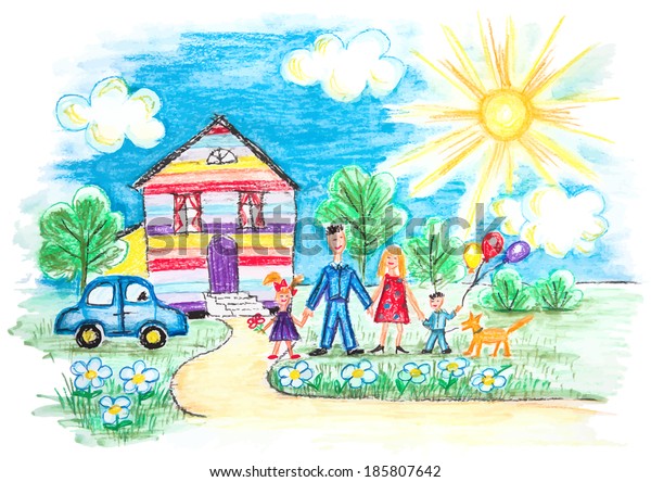 Vector Bright Childrens Sketch With\
Happy Family, House, Dog, Car on the Lawn with\
Flowers