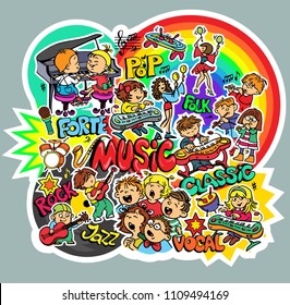 Vector. Bright children's sticker on music theme. Set of objects. Vocals, Classical, Rock, Folk, Jazz, Pop.