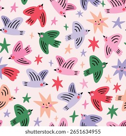 Vector bright Christmas bird seamless pattern. Winter holiday print design with colorful birds and stars ob beige background. New year pattern for fabric or wrapping paper.