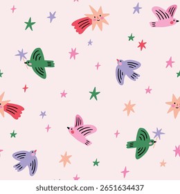 Vector bright Christmas birds seamless pattern. Winter holiday print design for fabric or wrapping paper. New year illustration.