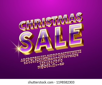 Vector bright Christmas Sale Emblem with set of Letters, Symbols and Numbers. Violet and Golden 3D Font.