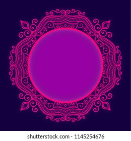 Vector bright circle lace frame whith glow effect. Pink and dark blue elegance template.
