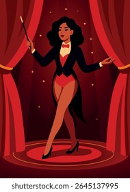 Vector bright circus illustration, circus artist illusionist woman girl with magic wand on red curtain background. Magic show. Use for circus, posters, advertising, tickets, events, social media