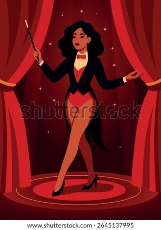 Vector bright circus illustration, circus artist illusionist woman girl with magic wand on red curtain background. Magic show. Use for circus, posters, advertising, tickets, events, social media