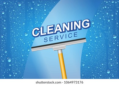 Vector Bright Cleaning Service Concept Background With Realistic Water Drops And Squeegee