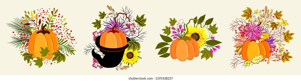 Vector bright collection consists of four autumn bouquets with pumpkin, leaves, sunflowers, acorns, conifer and berries. Isolated on light background. Halloween concept.