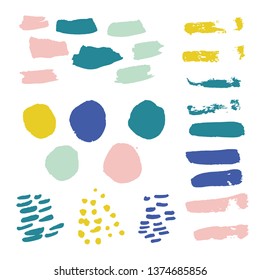 Vector bright collection of hand-drawn elements: drops, lines, splashes, points, brush strokes. Isolated on background. 