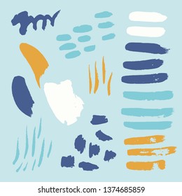 Vector bright collection of hand-drawn elements: drops, lines, splashes, points, brush strokes. Isolated on background. 